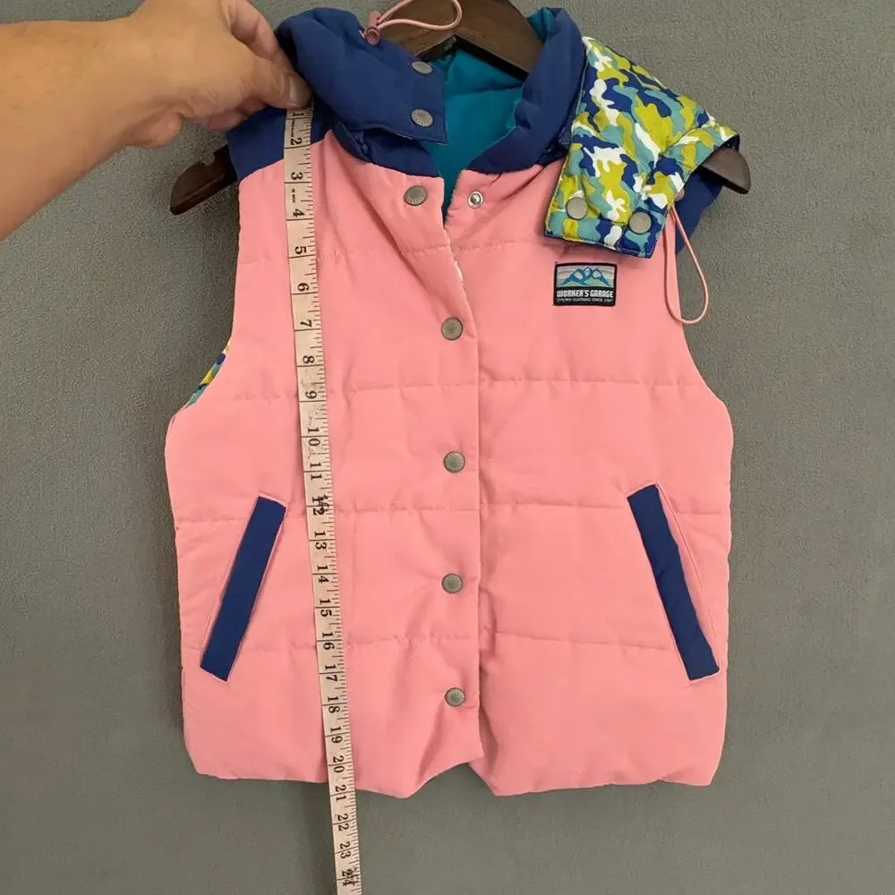Kids' Reversible Pink & Camo Hooded‎ Puffer Vest by Worker's Garage L/XL